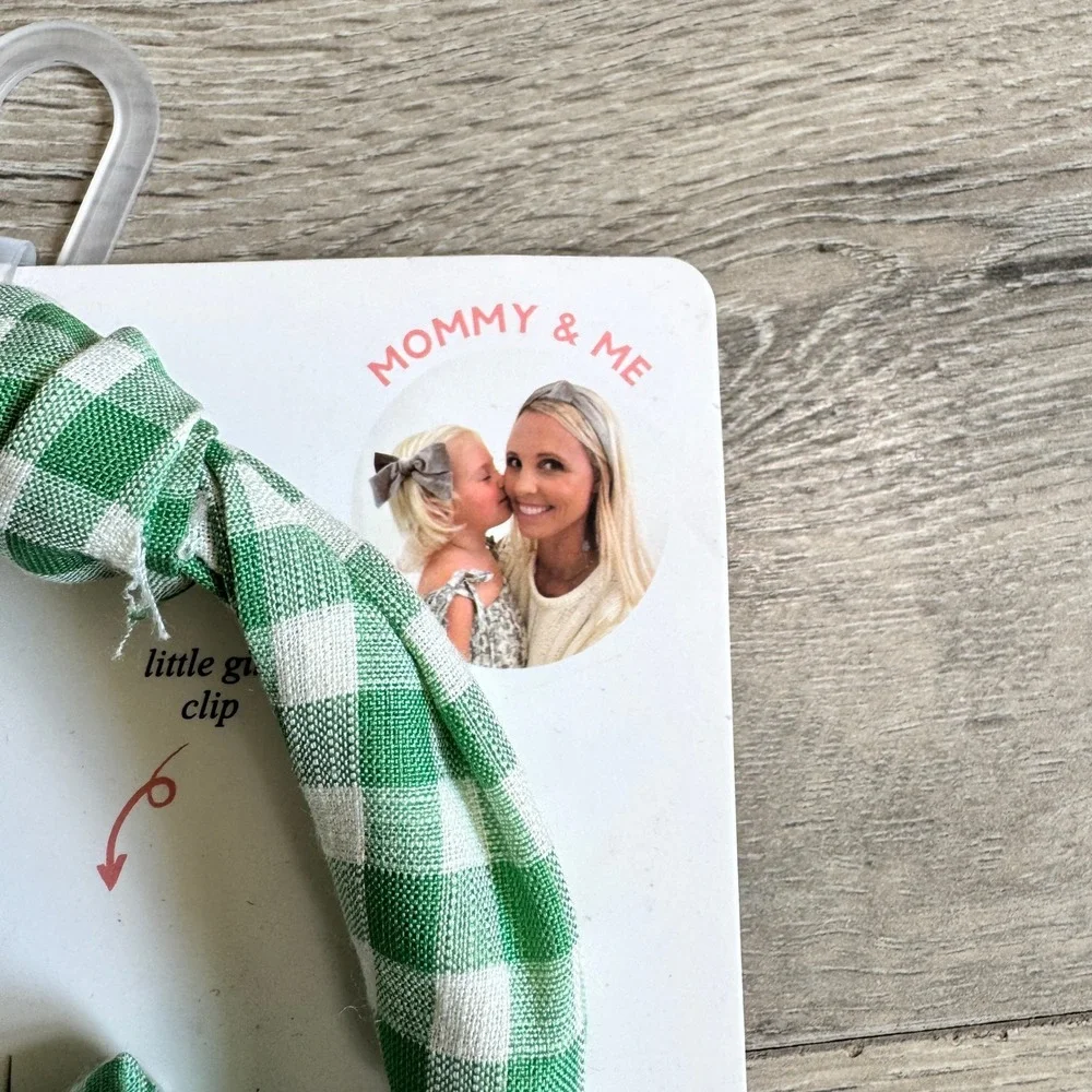Roo Mommy & Me Green Gingham‎ Knotted Headband and Little Girl Bow Clip Set NWT